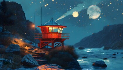 Canvas Print - Nighttime rescue scene with a lifeguard tower and flashing emergency light, featuring prismatic highlights and a trillwave album cover aesthetic