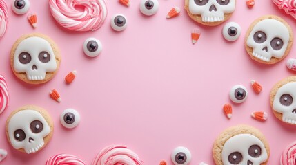 Halloween Celebration Flat Lay, featuring creative costume ideas, spooky skull cookies, vibrant candy eyeballs, and generous space for festive text and announcements