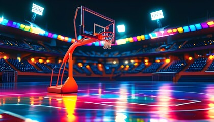 Wall Mural - Vibrant basketball court illuminated by colorful night lights in a lively stadium atmosphere