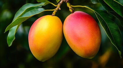 Two ripe mangoes hanging on a branch with green leaves.