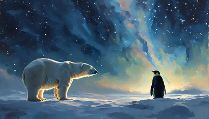 Wall Mural - Polar bear beneath starry sky and Northern Lights, amidst industrial smog with curious penguins observing the enchanting scene