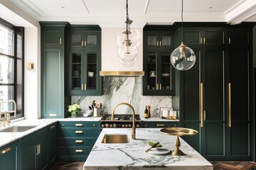 Bold kitchen with dark green cabinets and brass accents.