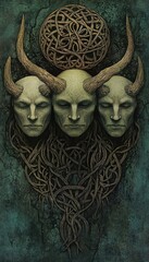 Surreal fantasy art with three horned faces and intricate patterns, creating an eerie and mesmerizing atmosphere on a textured background.