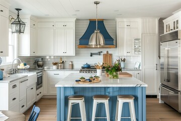 Coastal kitchen with blue and white color scheme and nautical decor.