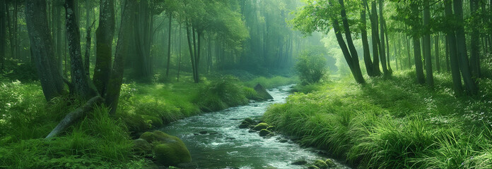 A stream of water meandering is running through a lush green forest filled with vibrant vegetation and tall trees.
