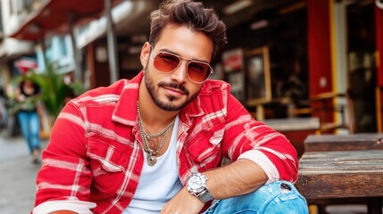 A fashionable man sits casually on a wooden bench in an urban environment, wearing sunglasses and a red plaid shirt, enjoying a sunny day filled with activity and vibrant city life