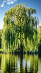 Wall Mural - A stunning Weeping Willow tree drapes its lush branches in golden sunlight