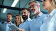 © angel_nt - A diverse group of professionals stands together in a contemporary office, engaging in dialogue while examining a tablet, demonstrating teamwork and collaboration