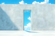 © ChaoticDesignStudio - A minimalist wall with an open doorway revealing a bright blue sky filled with fluffy clouds