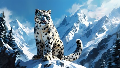 Wall Mural - Majestic snow leopard with piercing blue eyes commanding snowy peaks and icy forests, vibrant colors and enchanting details for an album cover