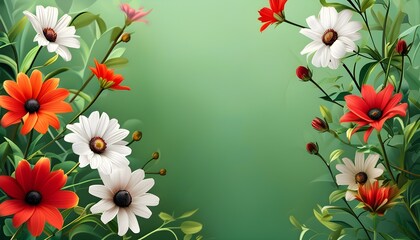 Wall Mural - Spring flowers on a vibrant green background, perfect for a greeting card or banner design, featuring ample empty space for customizable text.