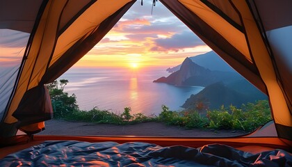 Wall Mural - Serene tent with open door revealing stunning mountain and sea view at sunrise with warm golden light