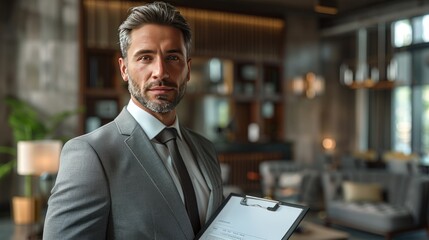 An investor with a confident expression, wearing a tailored suit, holding a financial report in a modern office setting.