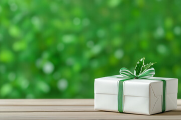 Wrapped gift box with green ribbon placed on wooden table against a blurred green background