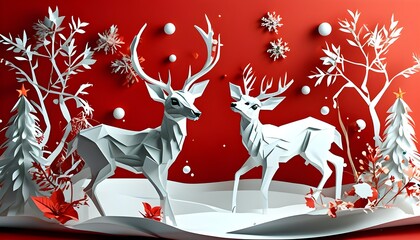 Wall Mural - Whimsical Christmas Card Featuring Cute Deer in 3D Papercut Style on Vibrant Red Background