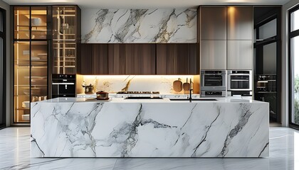 Wall Mural - Elegant gourmet kitchen featuring a marble island and high-end appliances, showcasing the pinnacle of luxury and design.