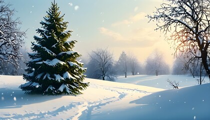 Wall Mural - Festive Christmas Greeting Card Featuring Snowy Landscape with Majestic Christmas Trees