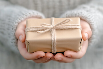 A person holding a beautifully wrapped gift in their hands during a cozy winter day