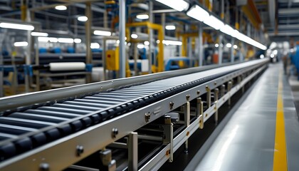 Wall Mural - Efficient conveyor belt system transporting products in a dynamic factory environment during the manufacturing process