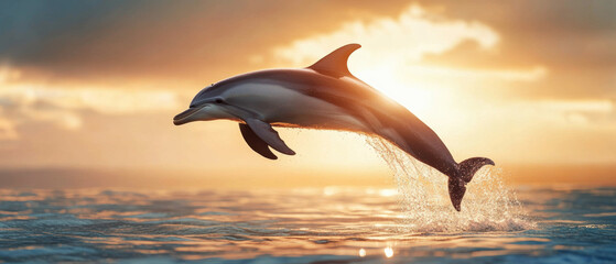 Wall Mural - A dolphin leaps out of the water, its tail flapping in the air