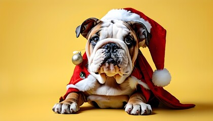 Wall Mural - Charming Bulldog Puppy Surrounded by Festive Christmas and Birthday Gifts on Vibrant Yellow Background