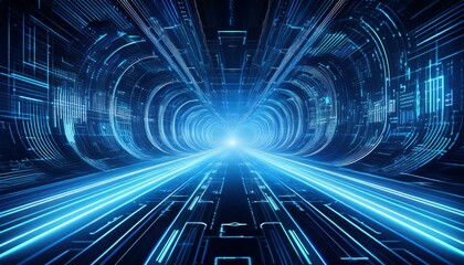 Poster - Abstract futuristic digital tunnel with glowing blue lines and symbols, representing data flow and technology.