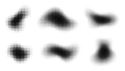 abstract halftone figures, gradient dot texture, circular spray effect, graphic retro shapes. vector