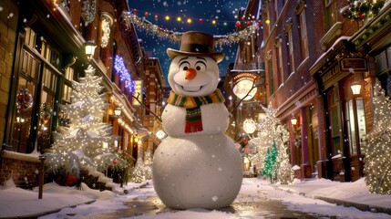 Wall Mural - A snowman stands in the street, wearing a hat and scarf