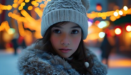 Winter girl in woolen hat surrounded by Christmas ornaments, cityscape adorned with vibrant holiday lights in a dreamy blur