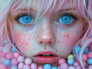 Poster - Dreamy Portrait of a Girl with Pink Hair and Blue Eyes