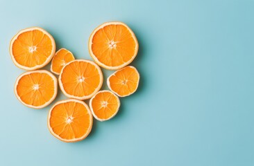 Heart-shaped arrangement of vibrant orange citrus slices on a light blue background