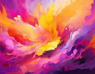 Canvas Print - Abstract painting in vibrant hues of pink, yellow, and purple, creating a dynamic and energetic composition.