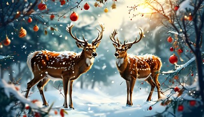 Sticker - Winter Wonderland: Cheerful Postcard Featuring Majestic Deer Amidst a Snowy Landscape for Christmas and New Year Wishes