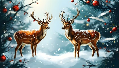 Sticker - Winter Wonderland: Cheerful Postcard Featuring Majestic Deer Amidst a Snowy Landscape for Christmas and New Year Wishes