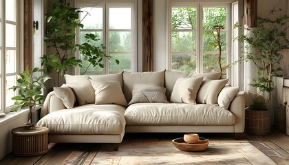 Wall Mural - Charming cozy living room with beige sofa, plush cushions, rustic wooden decor, indoor plants, and a bright window enhancing the inviting atmosphere