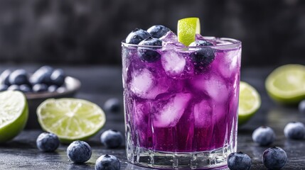 Close up of Purple blueberry cocktail drink with lime on the table. Ai generated image