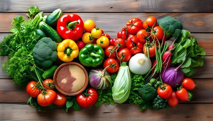 Heart-shaped arrangement of vibrant fresh vegetables on rustic wood, celebrating love for healthy eating and nutritious lifestyles.