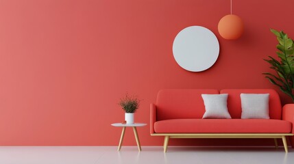 Bright and modern living room featuring a coral wall, cozy sofa, and decorative elements