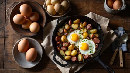 Delicious breakfast skillet featuring eggs and potatoes served on a rustic wooden table with fresh eggs nearby