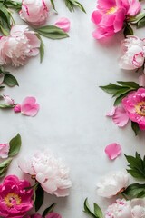 Wall Mural - Delicate peonies and roses arranged beautifully on a light surface for spring decor