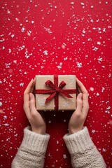 Wall Mural - Festively wrapped gift held by hands against a red background with snowflakes falling