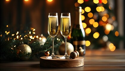 Elegant New Year celebration with champagne glasses and festive decorations against a dark backdrop illuminated by soft bokeh lights