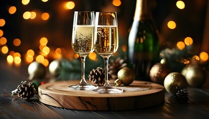 Wall Mural - Elegant New Year celebration with champagne glasses and festive decorations against a dark backdrop illuminated by soft bokeh lights