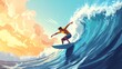 © BanklangArtshop - A vibrant scene of a surfer navigating a powerful wave at sunset, showcasing the thrill of water sports and ocean adventure.
