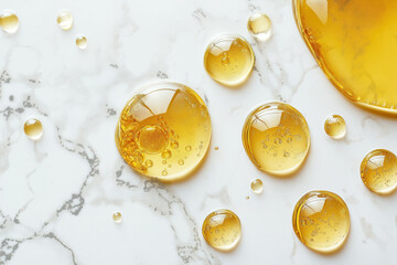 detailed golden serum droplets on a white marble surface, perfect for beauty and skincare presentations