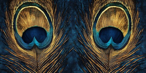 Close-up of two iridescent peacock feathers with gold and blue hues.