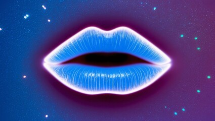 A vibrant digital artwork of neon blue lips against a cosmic starry background