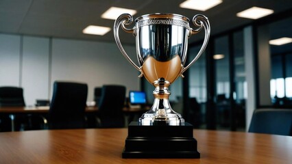 Mock up of a silver cup trophy shown on a table