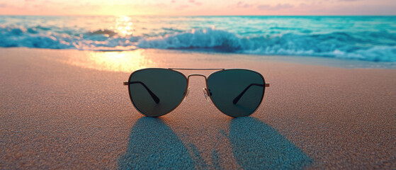 A pair of sunglasses is sitting on the sand at the beach