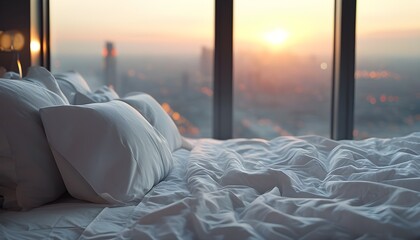 Wall Mural - Morning scene of a messy bed with white sheets and pillows, city skyline visible through a window, softly blurred for a serene atmosphere